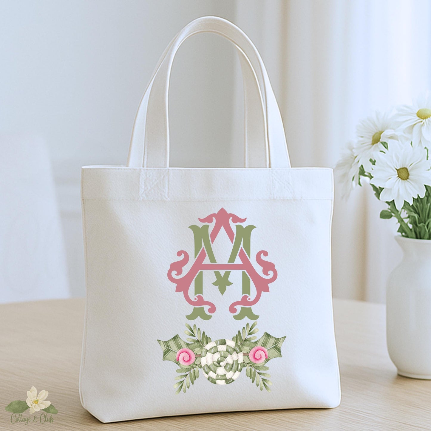 Preppy Pink and Green Christmas Tote Bag - Reusable Shopping Bag - Custom Gift Bag