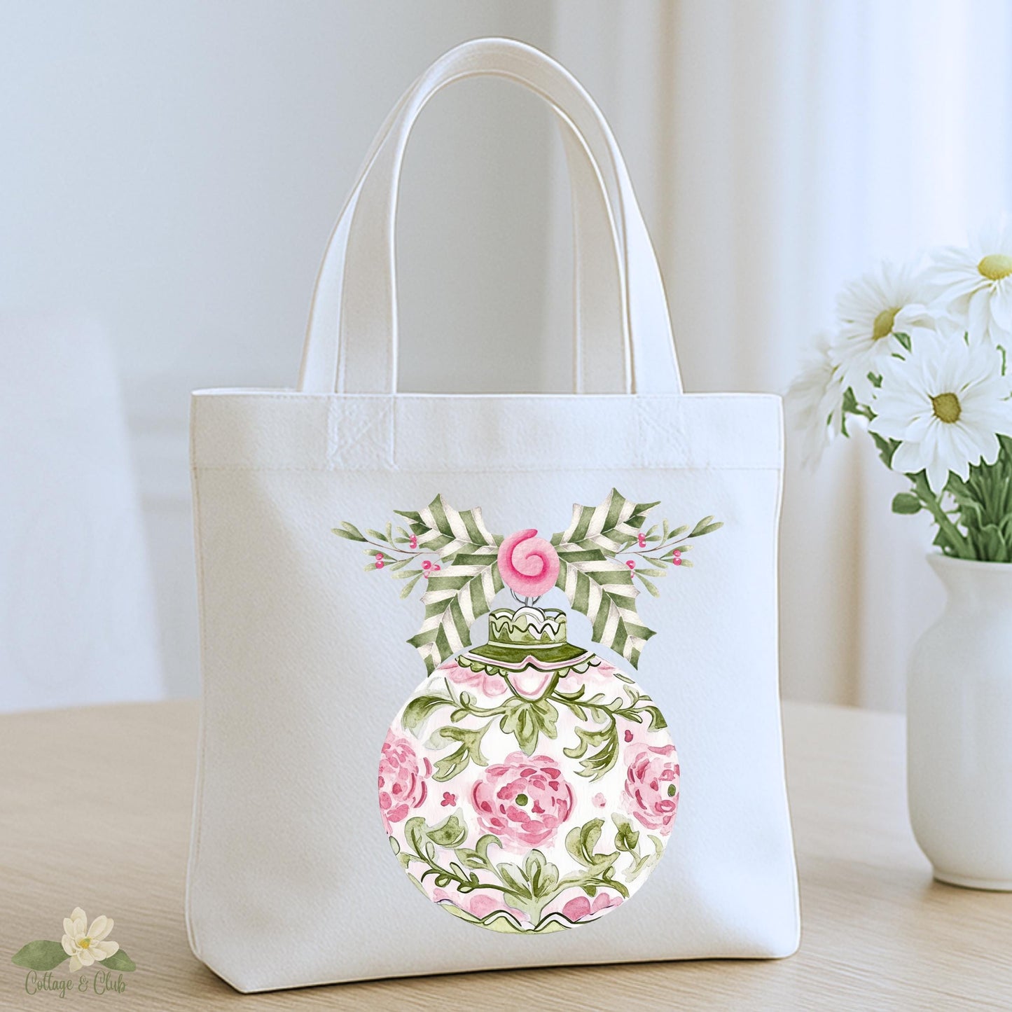 Preppy Pink and Green Christmas Tote Bag - Reusable Shopping Bag - Custom Gift Bag