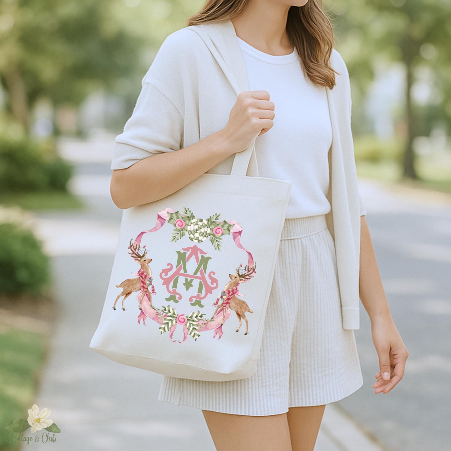 Preppy Pink and Green Christmas Tote Bag - Reusable Shopping Bag - Custom Gift Bag