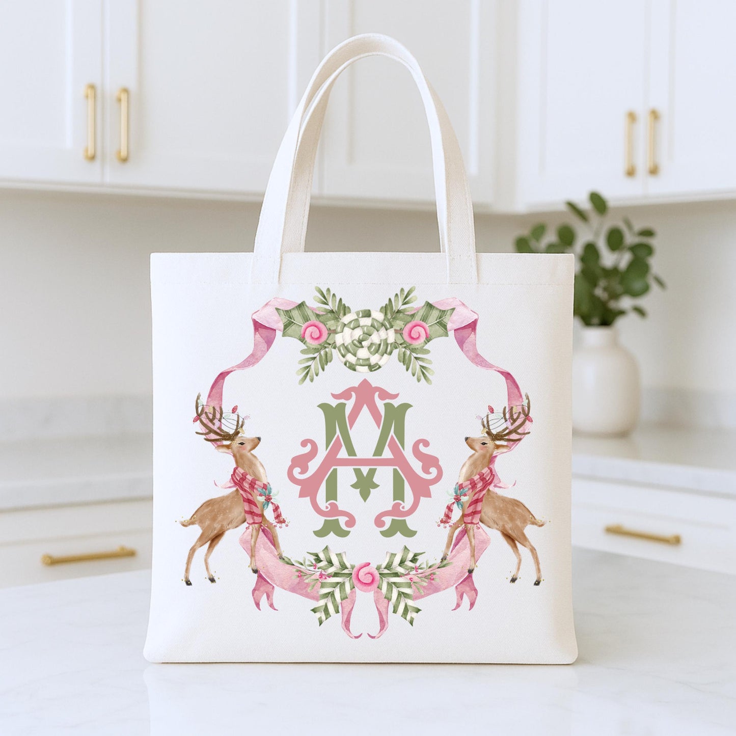 Preppy Pink and Green Christmas Tote Bag - Reusable Shopping Bag - Custom Gift Bag