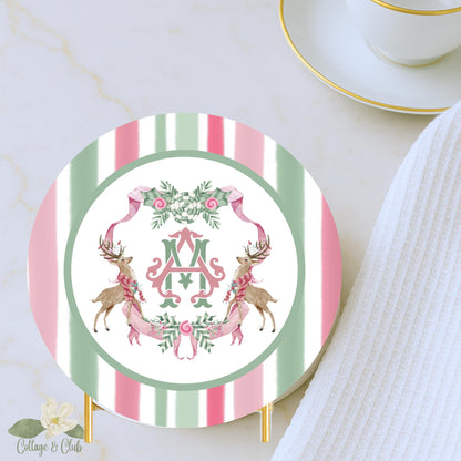 Christmas Coaster Custom Monogram Pink and Green Drink Coasters