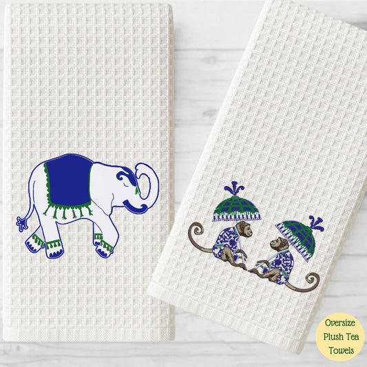 Chinoiserie Inspired Blue and Green Pagoda Tea Towel Collection