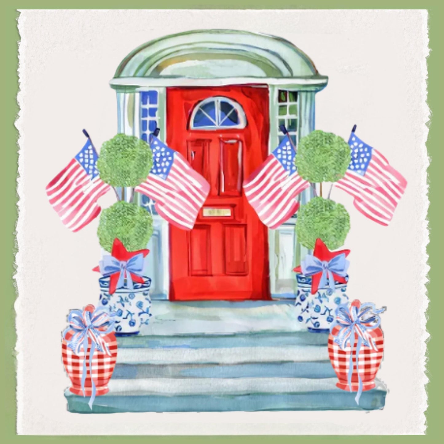 Chinoiserie American Flags Tea Towel: Patriotic Grandmillennial Decor