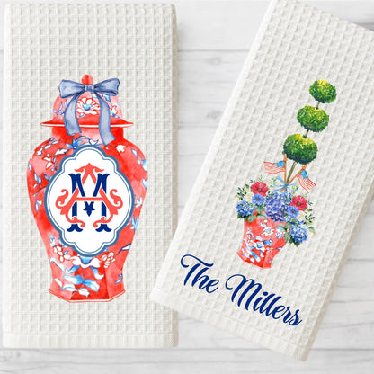 Personalized Patriotic Tea Towel: Preppy Chinoiserie Ginger Jar Design