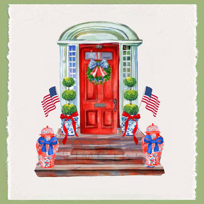 Personalized Patriotic Tea Towel: Preppy Chinoiserie Ginger Jar Design