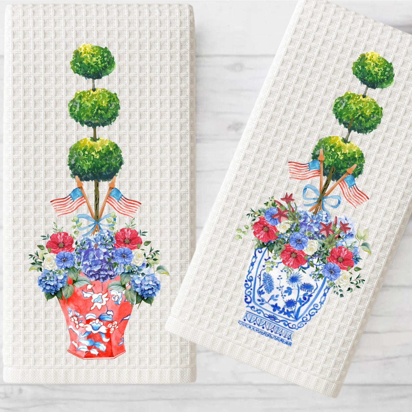 Monogrammed Chinoiserie Tea Towel: Preppy Independence Day Kitchen Decor