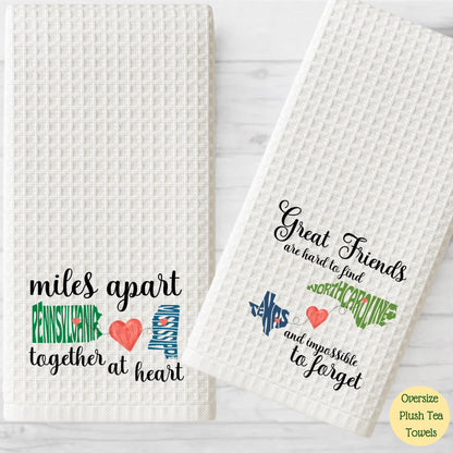 Personalized State to State Dish Towel, Long Distance Two State Friends Tea Towel, Long Distance Friendship Gift, Moving Away Gift