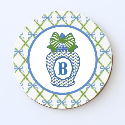 Monogrammed Chinoiserie Coasters: Preppy Blue & White Ceramic Drink Coasters