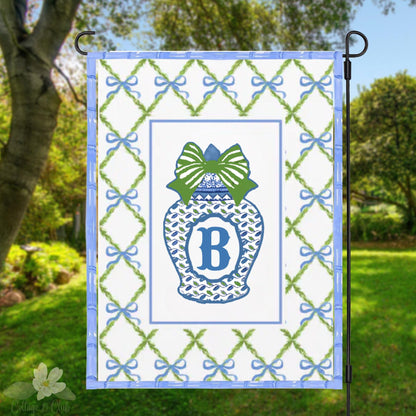Preppy Monogram Garden Flag: Blue & White Chinoiserie Bunny Ginger Jar