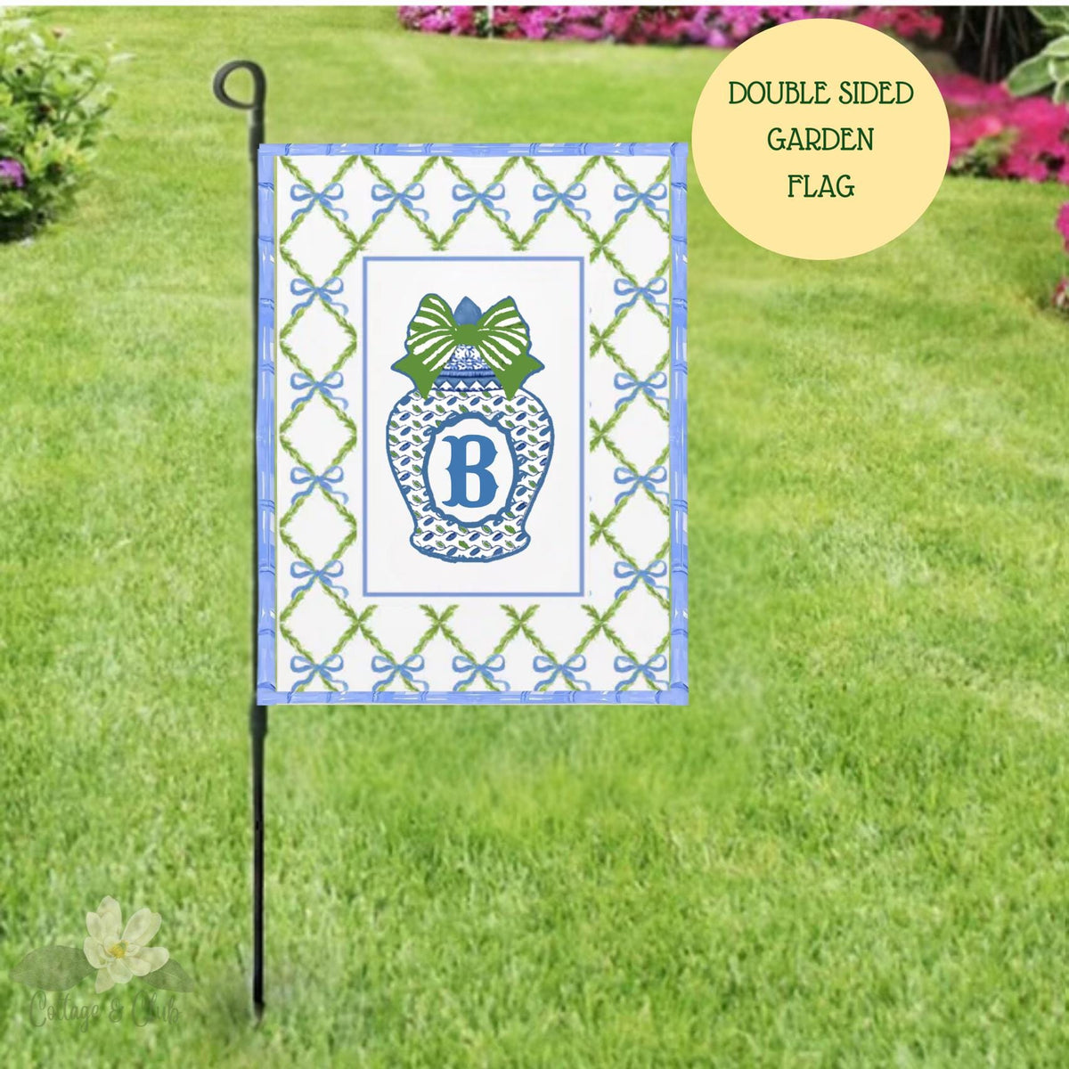 Preppy Monogram Garden Flag: Blue & White Chinoiserie Bunny Ginger Jar
