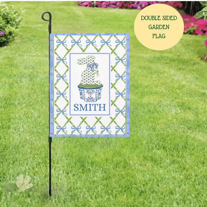 Preppy Monogram Garden Flag: Blue & White Chinoiserie Bunny Ginger Jar