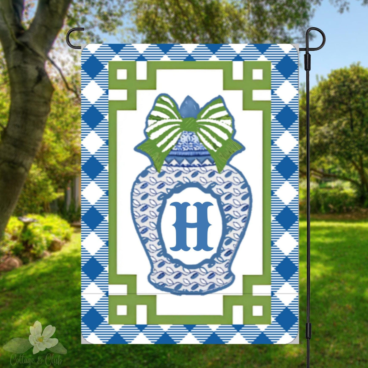 Preppy Monogram Garden Flag: Blue & White Chinoiserie Bunny Ginger Jar