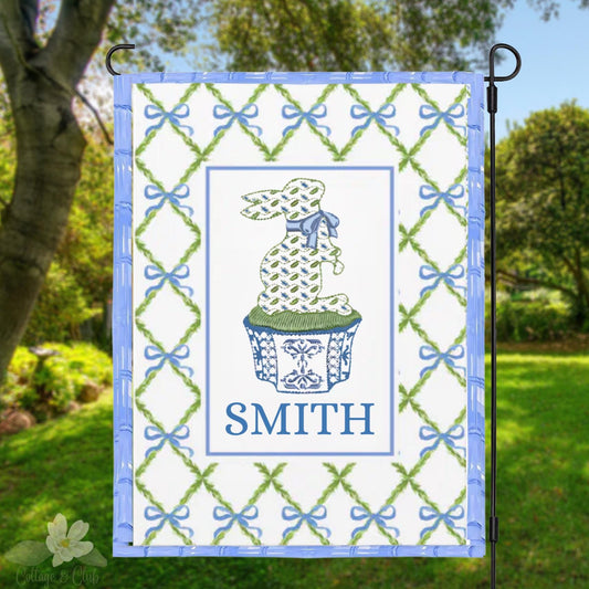 Preppy Monogram Garden Flag: Blue & White Chinoiserie Bunny Ginger Jar