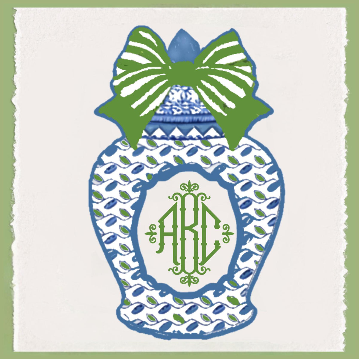 Preppy Monogram Garden Flag: Blue & White Chinoiserie Bunny Ginger Jar