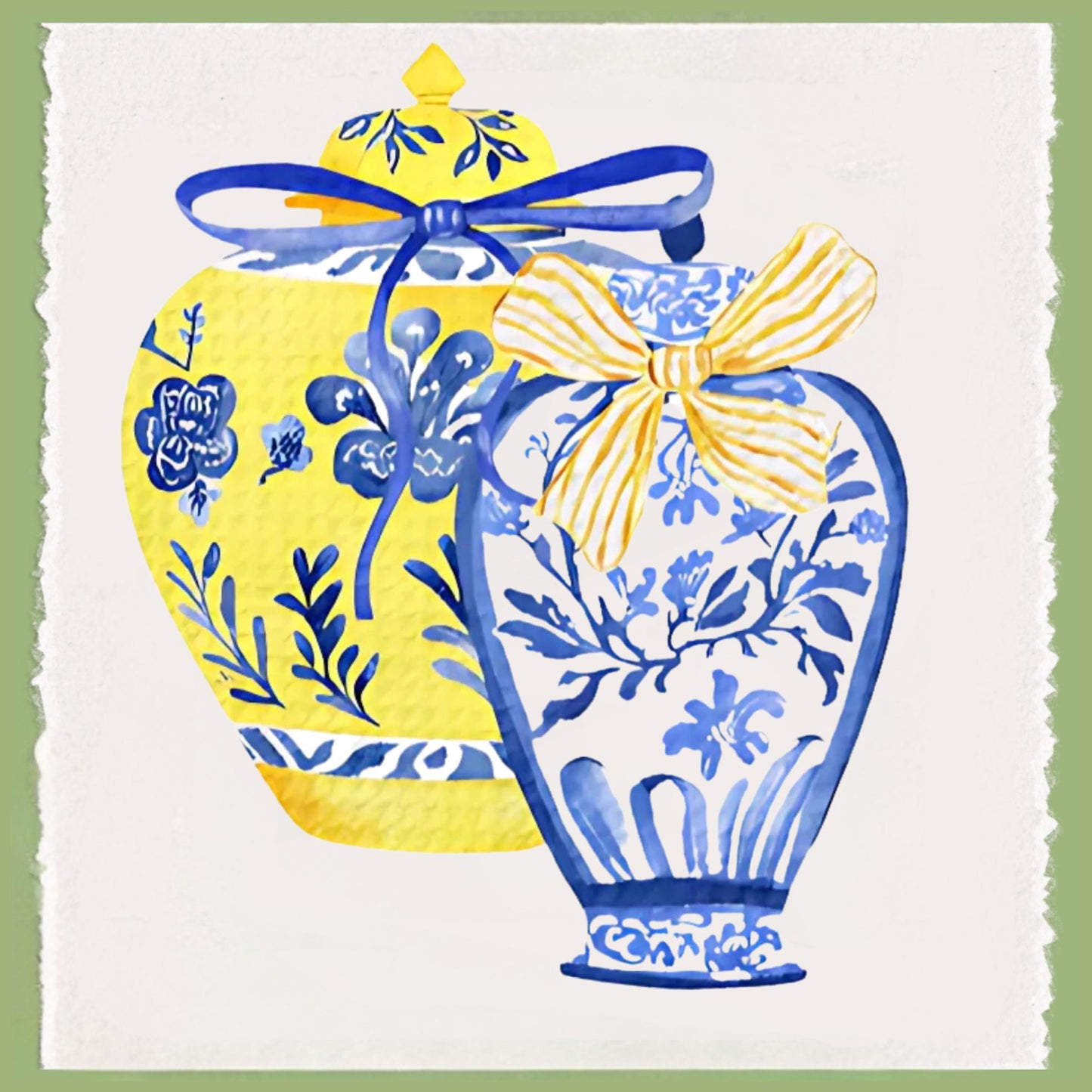 Monogram Tea Towel Set: Blue & Yellow Chinoiserie Ginger Jar Decor