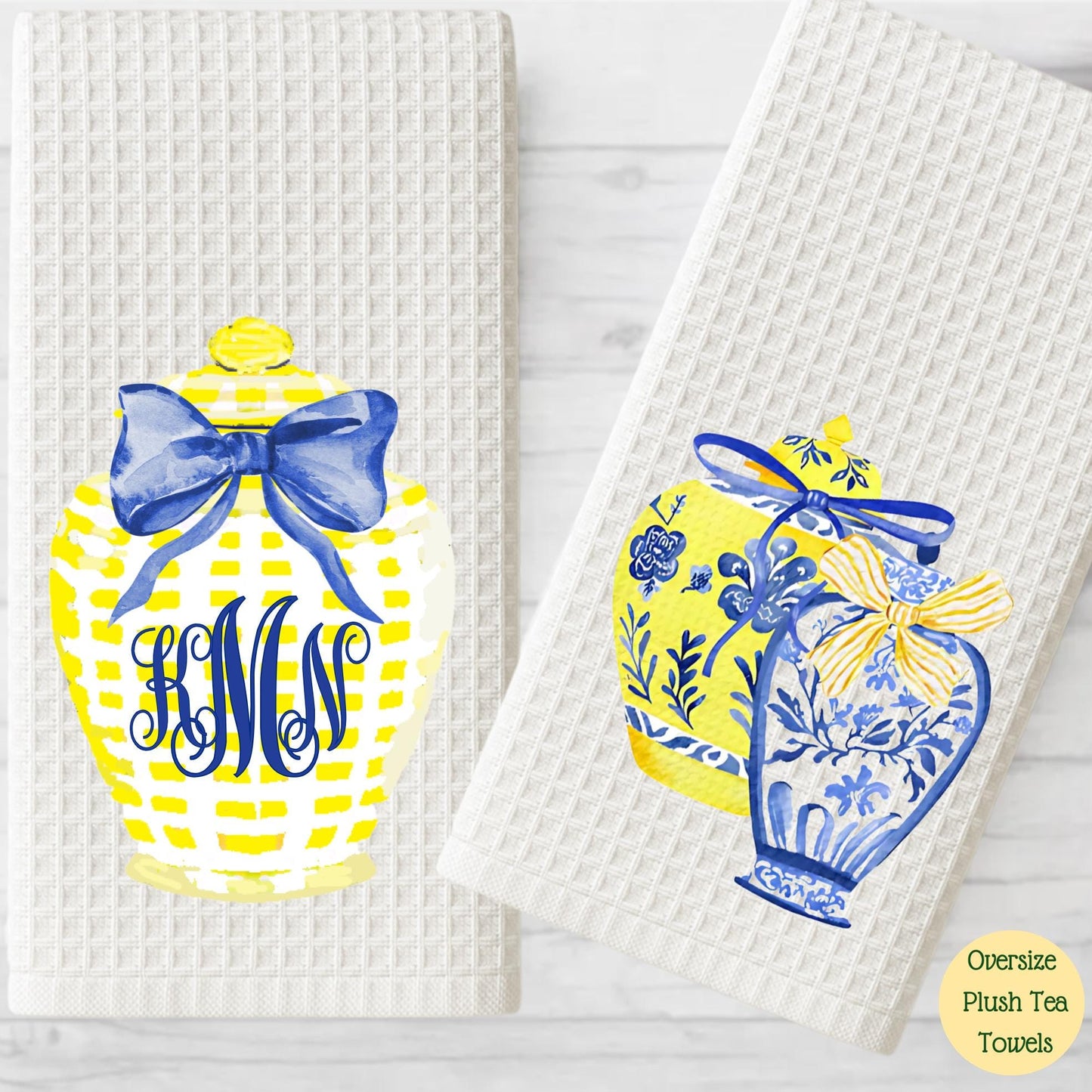 Monogram Tea Towel Set: Blue & Yellow Chinoiserie Ginger Jar Decor