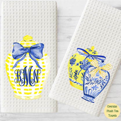 Monogram Tea Towel Set: Blue & Yellow Chinoiserie Ginger Jar Decor