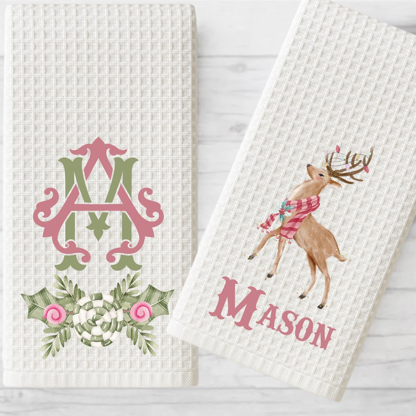 Personalized Pink & Green Christmas Tree Tea Towel