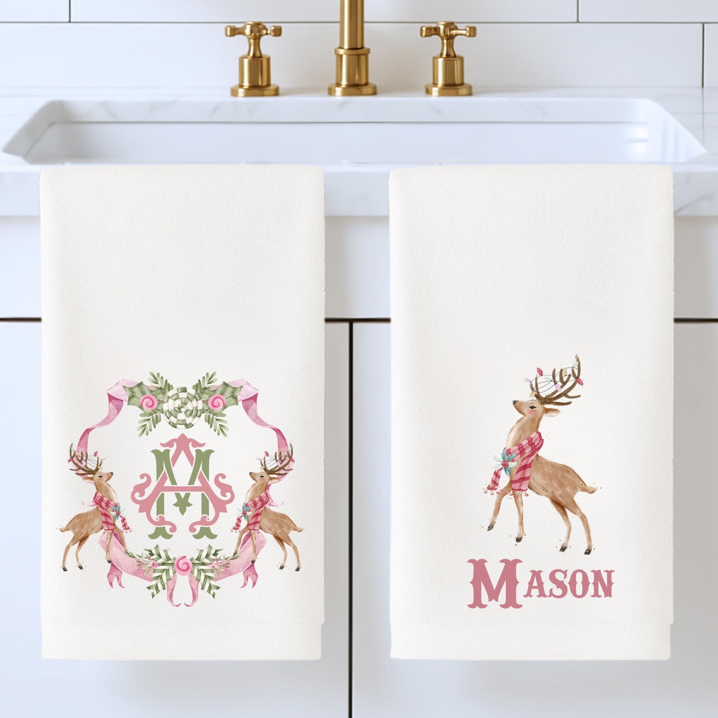 Preppy Pink and Green Christmas Powder Room Fingertip Hand Towels