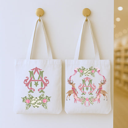 Personalized Christmas Reindeer Tote Bag  Pink and Green Gift Bag
