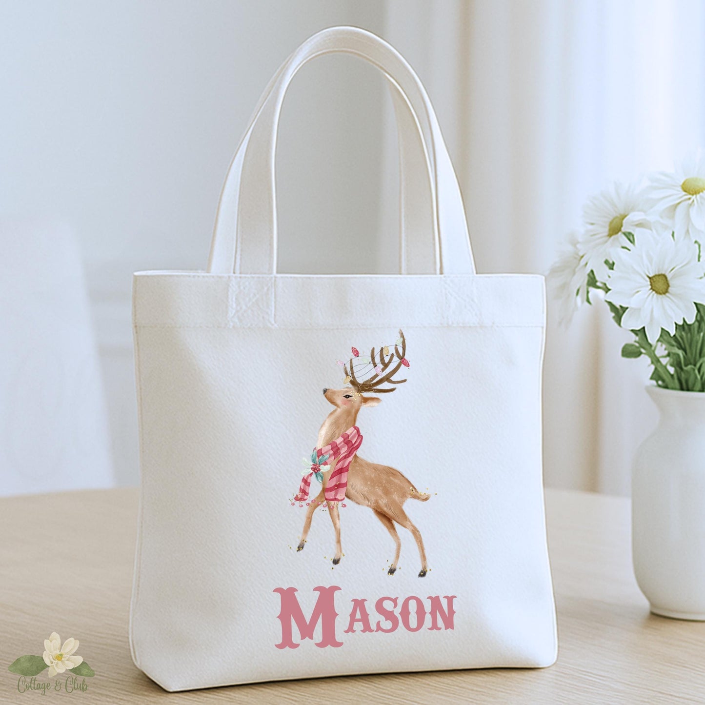 Personalized Christmas Reindeer Tote Bag  Pink and Green Gift Bag