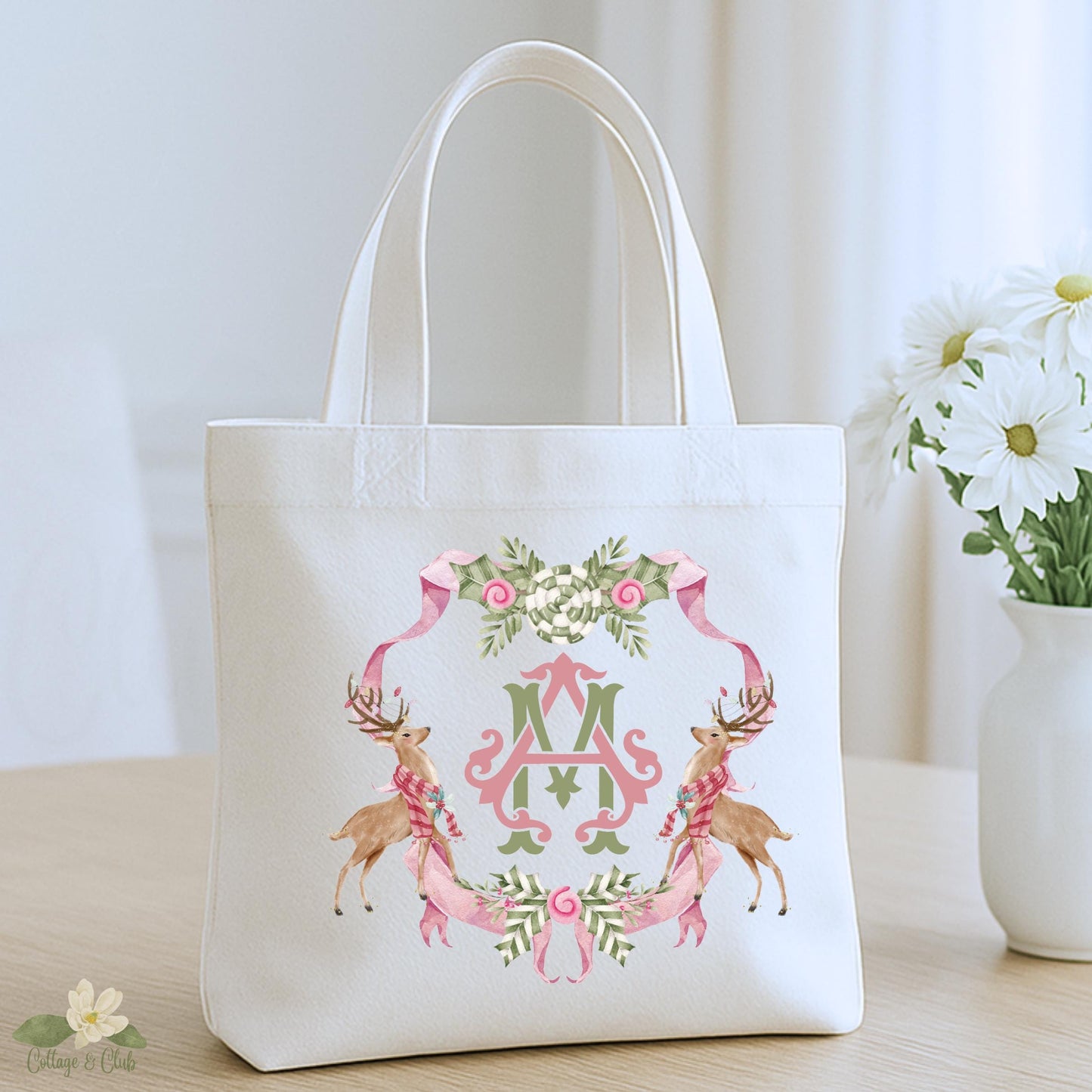 Personalized Christmas Reindeer Tote Bag  Pink and Green Gift Bag