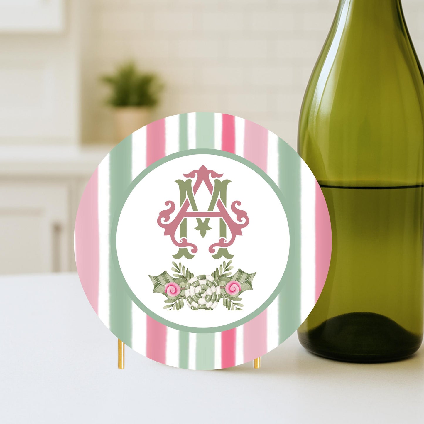 Christmas Coaster Custom Monogram Pink and Green Drink Coasters