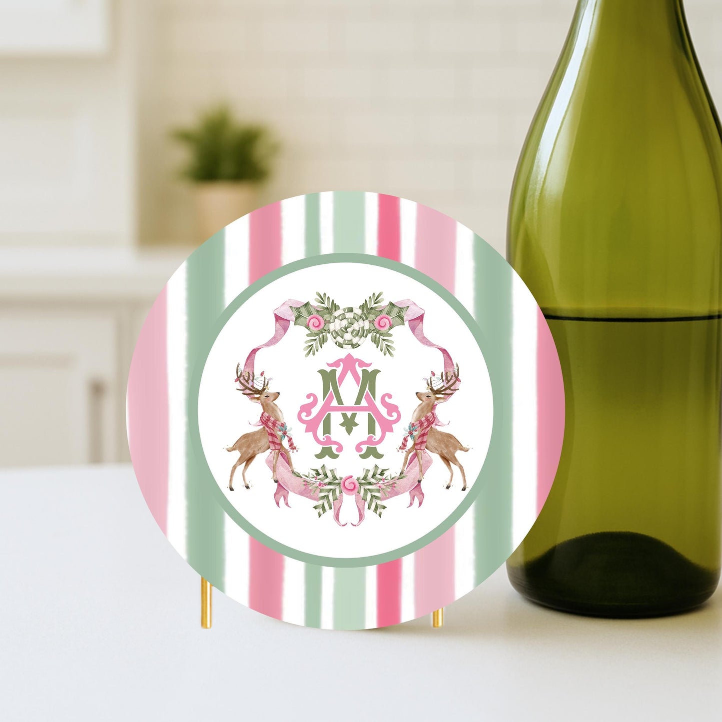 Christmas Coaster Custom Monogram Pink and Green Drink Coasters