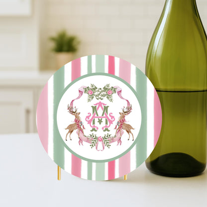 Christmas Coaster Custom Monogram Pink and Green Drink Coasters