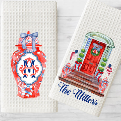 Monogrammed Chinoiserie Tea Towel: Preppy Independence Day Kitchen Decor
