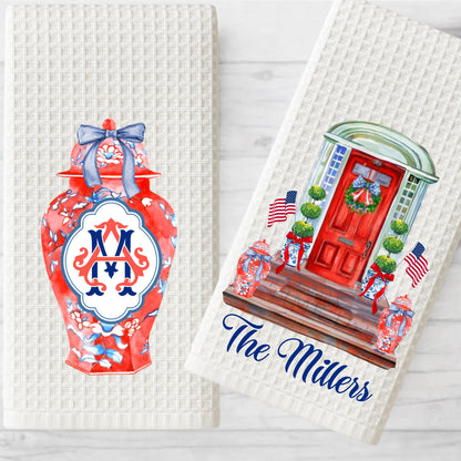 Personalized Patriotic Tea Towel: Preppy Chinoiserie Ginger Jar Design