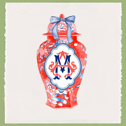 Monogrammed Chinoiserie Tea Towel: Preppy Independence Day Kitchen Decor