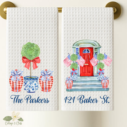 Monogrammed Chinoiserie Tea Towel: Preppy Independence Day Kitchen Decor