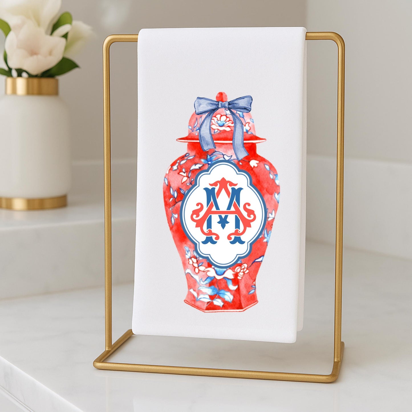 Personalized Chinoiserie Tea Towel: Monogrammed Independence Day Kitchen Decor