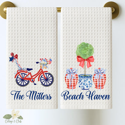 Personalized Chinoiserie Tea Towel: Monogrammed Independence Day Kitchen Decor