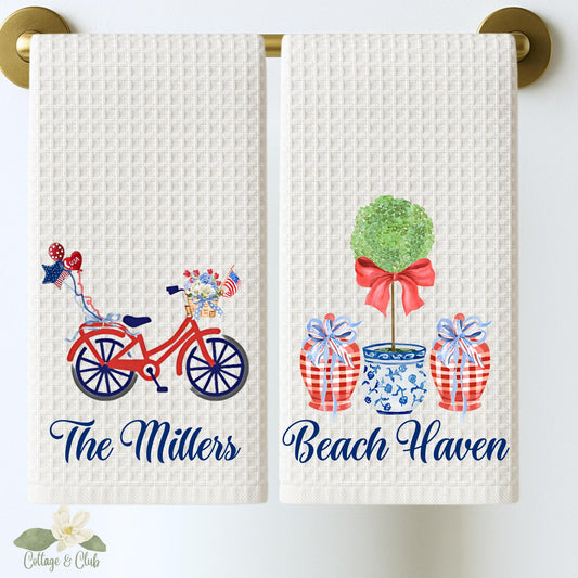 Personalized Chinoiserie Tea Towel: Monogrammed Independence Day Kitchen Decor