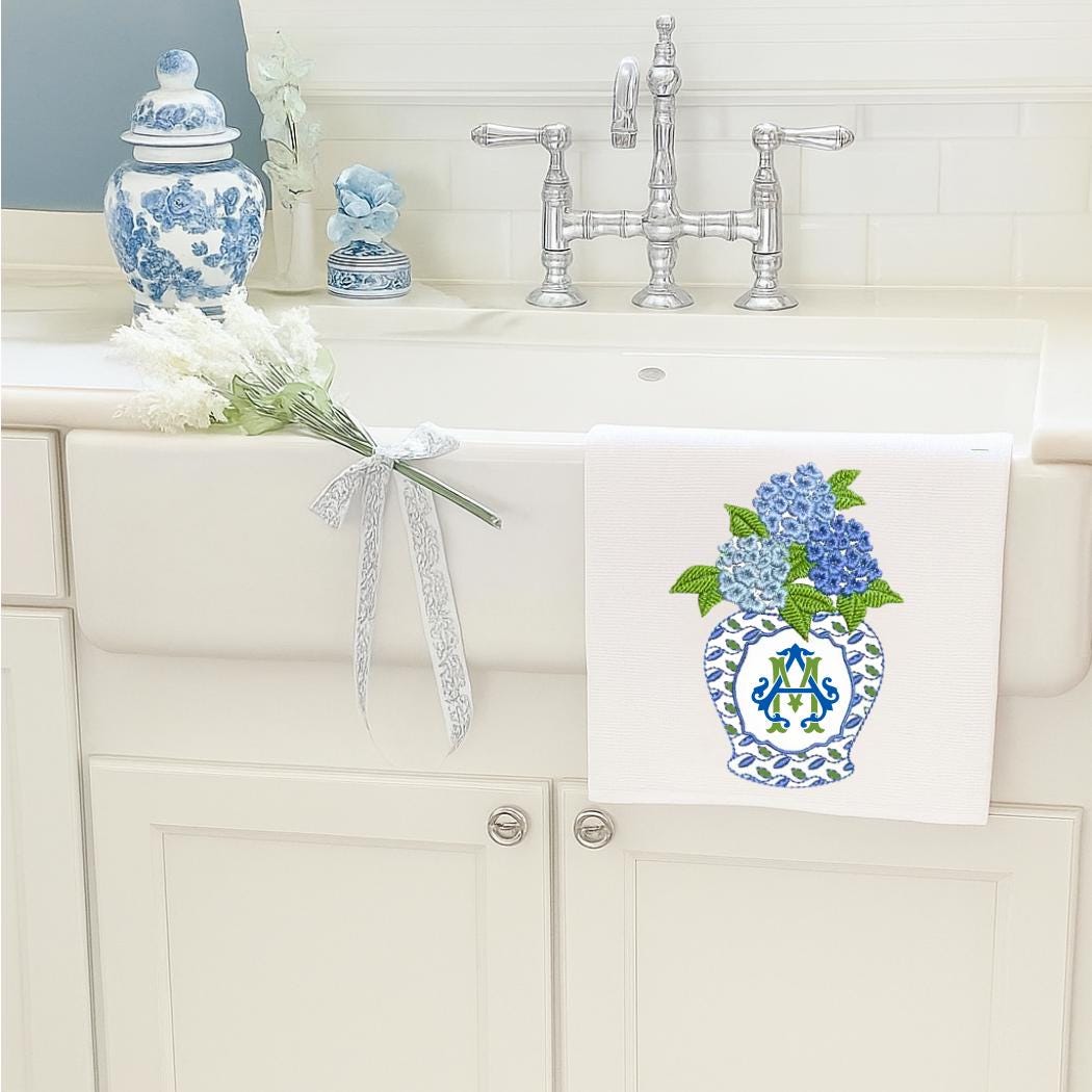 Blue and White Ginger Jar Coastal Waffle Tea Towels, Set of 2