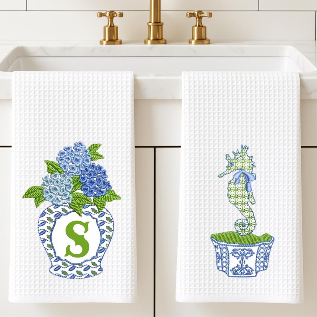 Blue and White Ginger Jar Coastal Waffle Tea Towels, Set of 2