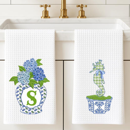 Blue and White Ginger Jar Coastal Waffle Tea Towels, Set of 2