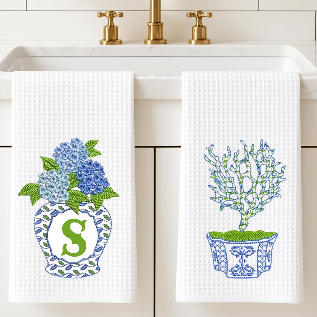 Blue and White Ginger Jar Coastal Waffle Tea Towels, Set of 2