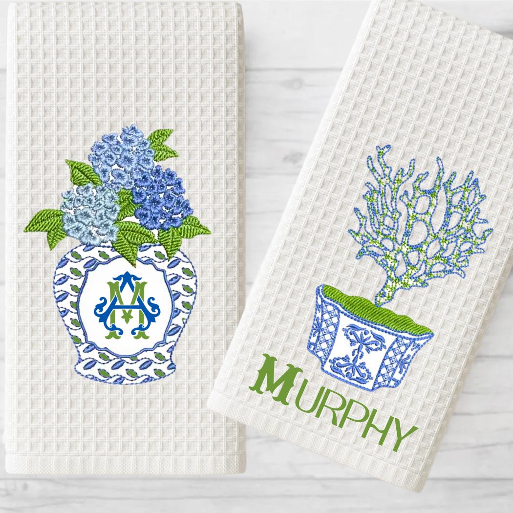 Blue and White Ginger Jar Coastal Waffle Tea Towels, Set of 2