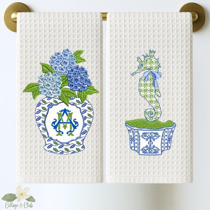 Blue and White Ginger Jar Coastal Waffle Tea Towels, Set of 2