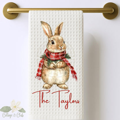 Personalized Rabbit Christmas Kitchen Towel: Preppy Holiday Decor