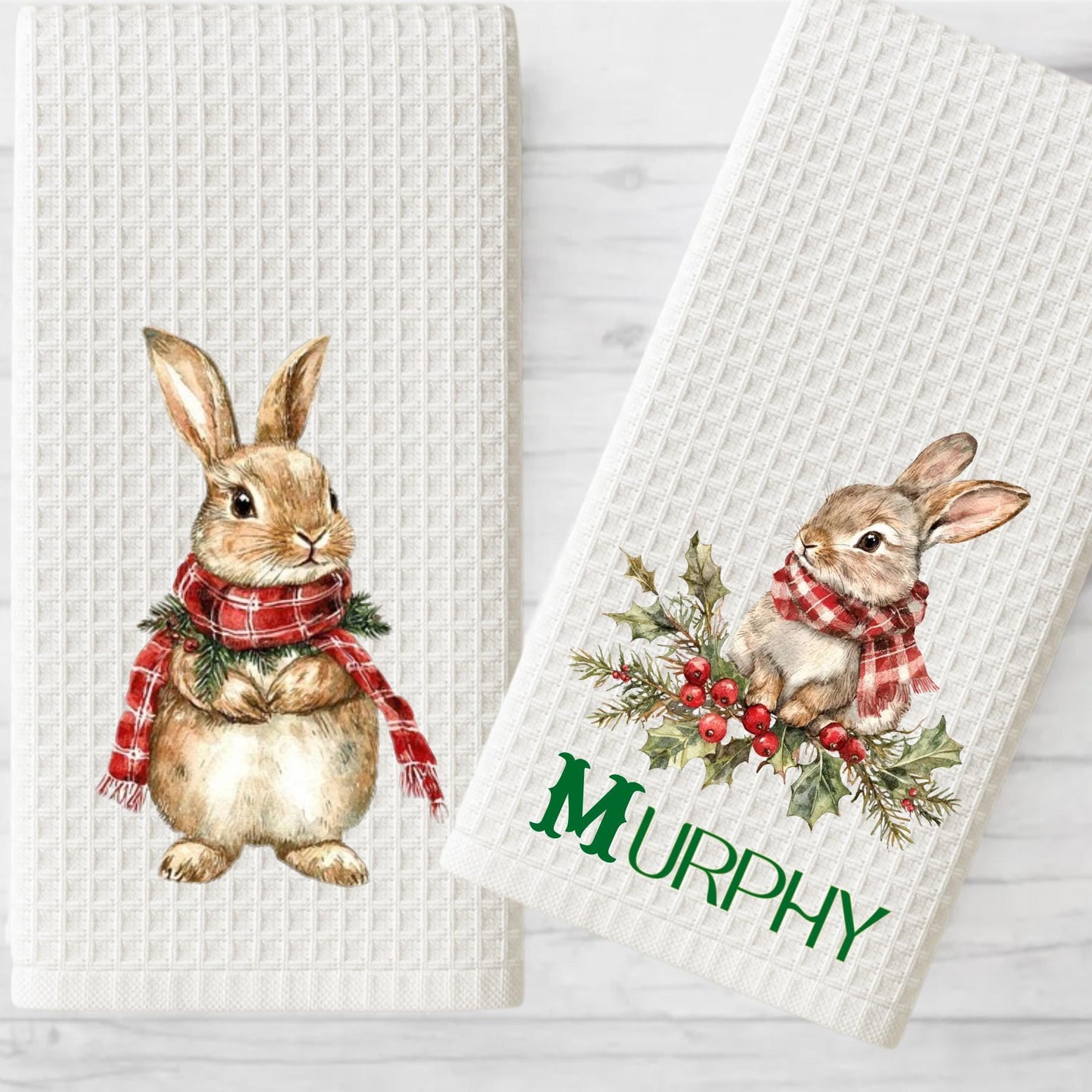 Personalized Rabbit Christmas Kitchen Towel: Preppy Holiday Decor