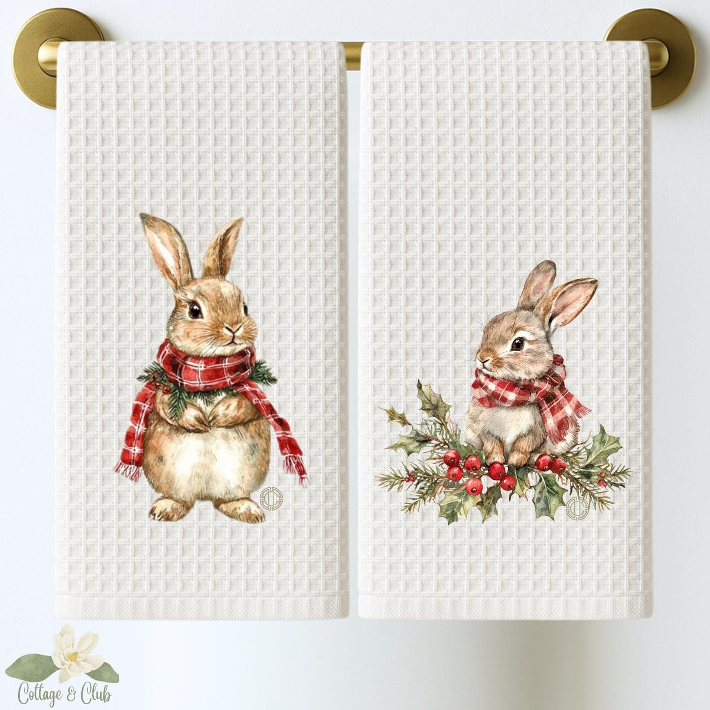 Personalized Rabbit Christmas Kitchen Towel: Preppy Holiday Decor