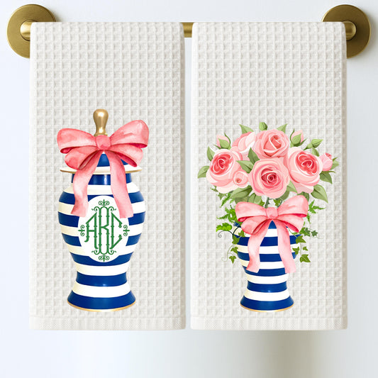 Blue & Pink Floral Ginger Jar Tea Towels