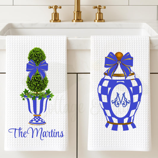 Personalized Royal Check Tea Towel: MacKenzie Childs Style Kitchen Decor