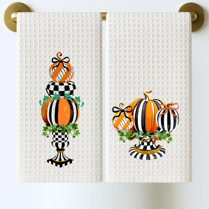 Black & White Checkered Tea Towel Personalized Kitchen Decor, Halloween Pumpkin Accent