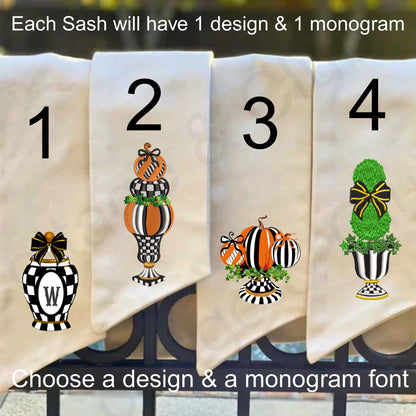 Embroidered Black Courtly Check Pumpkin Wreath Sash