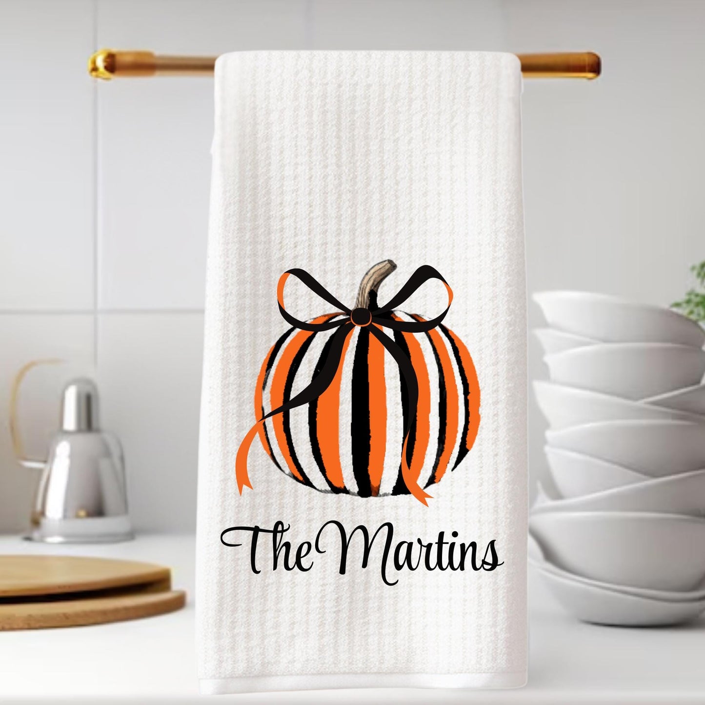 Black & White Checkered Tea Towel Personalized Kitchen Decor, Halloween Pumpkin Accent